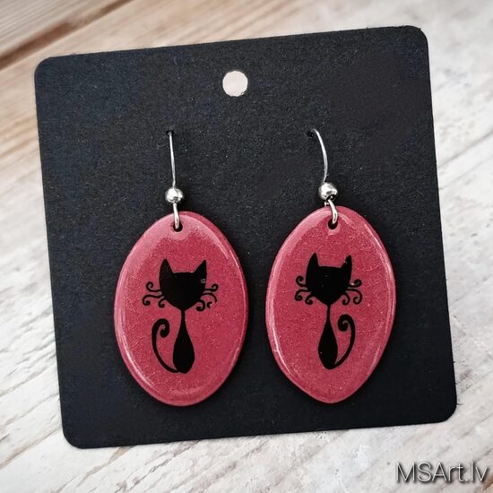 Sarkani porcelāna auskari ar kaķiem